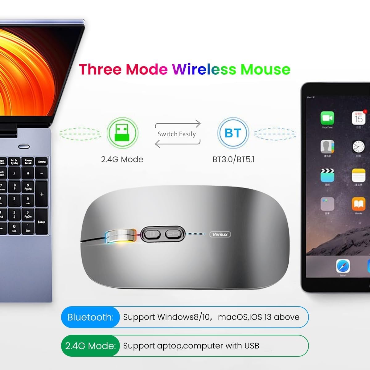 Verilux LED Wireless Mouse, Rechargeable Slim Silent Mouse 2.4G Portable Mobile Optical Office Mouse with USB Receiver, 3 Adjustable DPI for PC, Laptop, Computer, Desktop Verilux LED Wireless Mouse, Rechargeable Slim Silent Mouse 2.4G Portable Mobile Optical Office Mouse with USB Receiver, 3 Adjustable DPI for PC, Laptop, Computer, Desktop